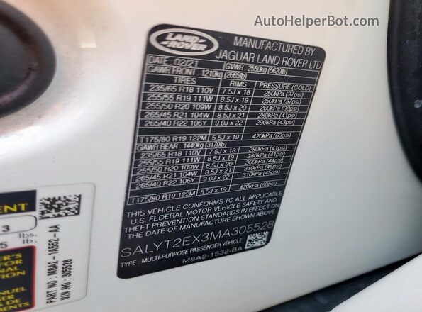 SALYT2EX3MA305528 2021 LAND ROVER RANGE Two Tone სალონის 360-გრადუსიანი ხედი