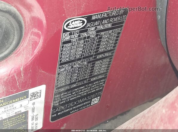 SALYT2EX3MA328775 2021 LAND ROVER RANGE ROVER VELAR Red ძრავის განყოფილების ხედი