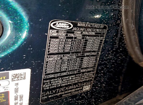 SALYT2EX4MA314027 2021 LAND ROVER RANGE Green 