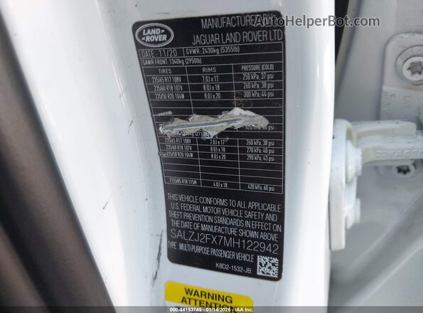 SALZJ2FX7MH122942 2021 LAND ROVER RANGE ROVER EVOQUE White Widok komory silnika