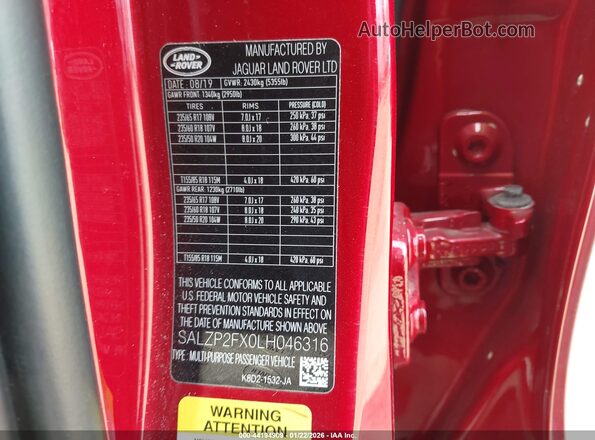 SALZP2FX0LH046316 2020 LAND ROVER RANGE ROVER EVOQUE Red 