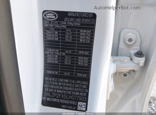 SALZP2FX5LH077903 2020 LAND ROVER RANGE ROVER EVOQUE White Вид підкапотного простору