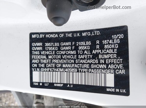 SHHFK7H43MU405859 2021 HONDA CIVIC White Vista del compartimento del motor