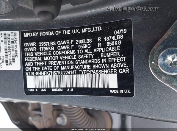 SHHFK7H67KU224147 2019 HONDA CIVIC Gray Engine compartment view