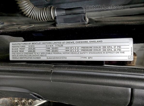 SJAAC2ZV6HC015703 2017 BENTLEY BENTAYGA Черный Вид наклейки с VIN-кодом