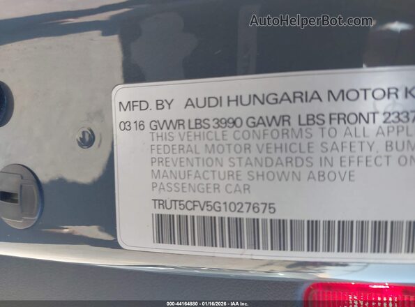 TRUT5CFV5G1027675 2016 AUDI TT Silver Շարժիչի բաժամունքի տեսք