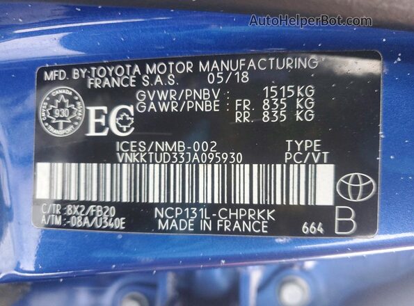 VNKKTUD33JA095930 2018 TOYOTA YARIS Синий Вид наклейки с VIN-кодом