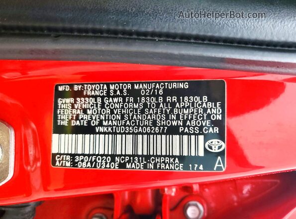 VNKKTUD35GA062677 2016 TOYOTA YARIS Red 