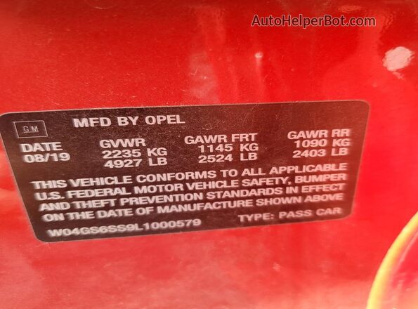W04GS6SS9L1000579 2020 BUICK REGAL Red VIN sticker view