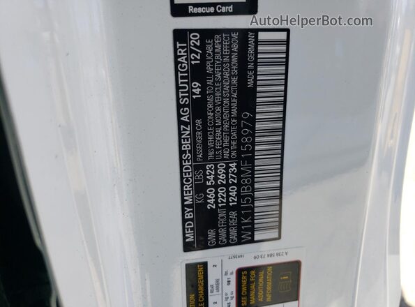 W1K1J5JB8MF158979 2021 MERCEDES-BENZ E White VIN კოდის სტიკერის ხედი
