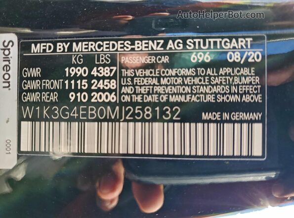 W1K3G4EB0MJ258132 2021 MERCEDES-BENZ A Черный Вид наклейки с VIN-кодом