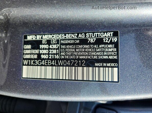 W1K3G4EB4LW047212 2020 MERCEDES-BENZ A Gray 