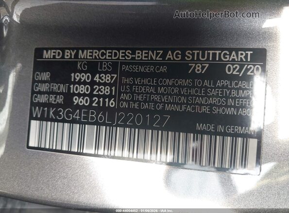W1K3G4EB6LJ220127 2020 MERCEDES-BENZ A-CLASS Серый 