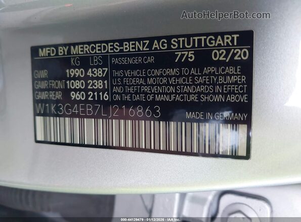 W1K3G4EB7LJ216863 2020 MERCEDES-BENZ A 220 Gray 