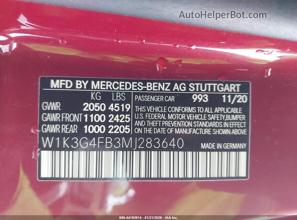 W1K3G4FB3MJ283640 2021 MERCEDES-BENZ A 220 Red 
