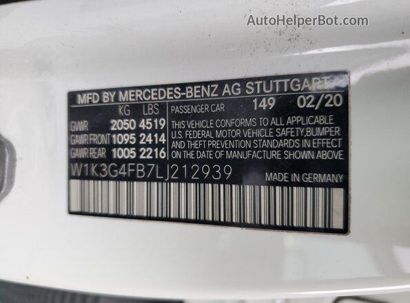 W1K3G4FB7LJ212939 2020 MERCEDES-BENZ A White VIN კოდის სტიკერის ხედი