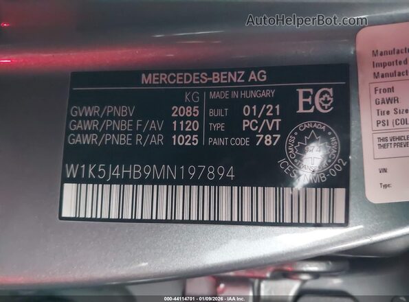 W1K5J4HB9MN197894 2021 MERCEDES-BENZ CLA 250 Серый 
