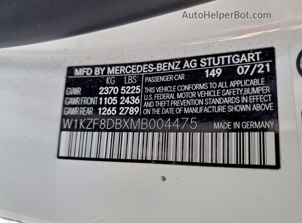 W1KZF8DBXMB004475 2021 MERCEDES-BENZ E White Вид підкапотного простору