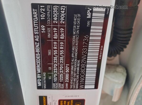 W1N0G8DB2NV331736 2022 MERCEDES-BENZ GLC-CLASS White Vista de la etiqueta del VIN