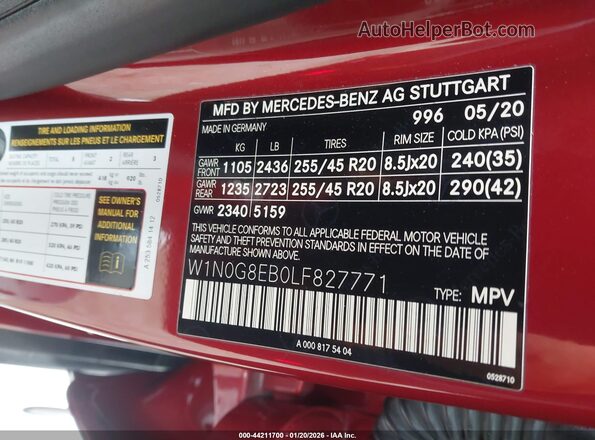 W1N0G8EB0LF827771 2020 MERCEDES-BENZ GLC 300 Красный 