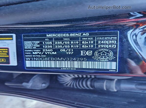 W1N0G8EB0MV324295 2021 MERCEDES-BENZ GLC-CLASS Черный Вид наклейки с VIN-кодом