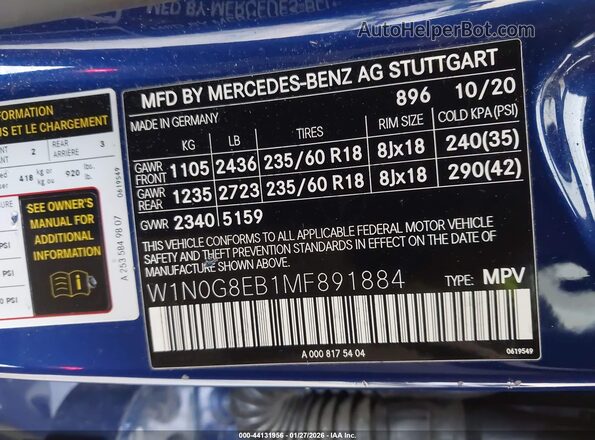 W1N0G8EB1MF891884 2021 MERCEDES-BENZ GLC 300 Blue 