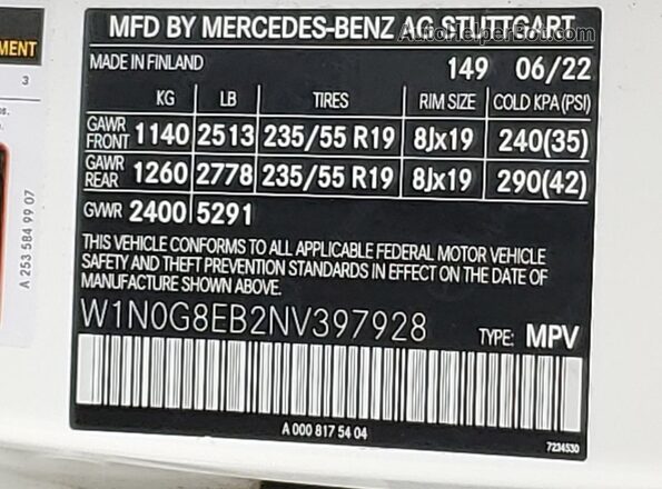 W1N0G8EB2NV397928 2022 MERCEDES-BENZ GLC-CLASS White VIN კოდის სტიკერის ხედი