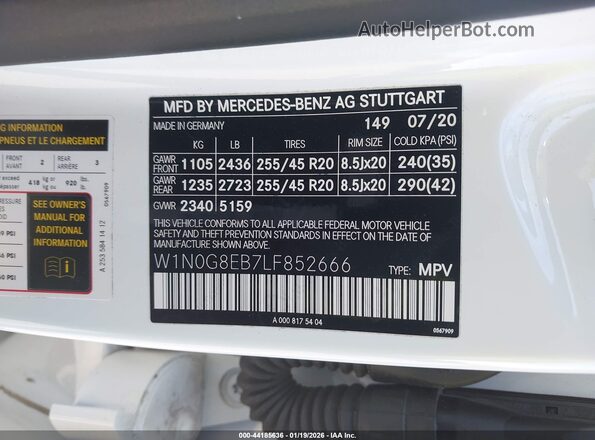 W1N0G8EB7LF852666 2020 MERCEDES-BENZ GLC 300 White 