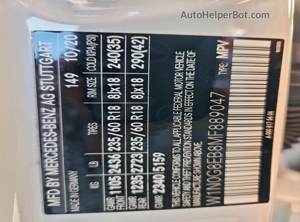 W1N0G8EB8MF889047 2021 MERCEDES-BENZ GLC-CLASS White Widok naklejki z numerem VIN