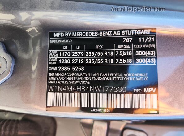 W1N4M4HB4NW177330 2022 MERCEDES-BENZ GLB-CLASS Gray VIN կոդի պիտակի տեսք