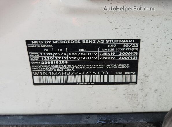 W1N4M4HB7PW276100 2023 MERCEDES-BENZ GLB-CLASS White Вид наклейки з VIN-кодом