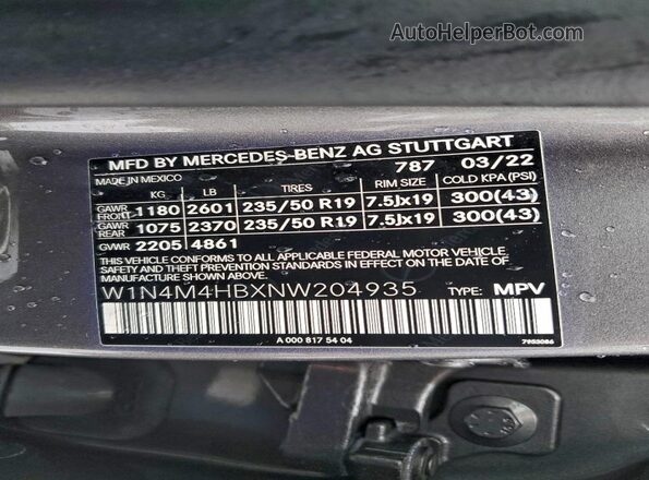 W1N4M4HBXNW204935 2022 MERCEDES-BENZ GLB-CLASS Charcoal VIN կոդի պիտակի տեսք