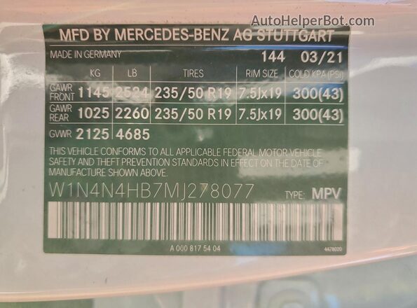 W1N4N4HB7MJ278077 2021 MERCEDES-BENZ GLA White Vista de la etiqueta del VIN