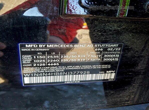 W1N4N4HB8NJ377928 2022 MERCEDES-BENZ GLA Black VIN sticker view
