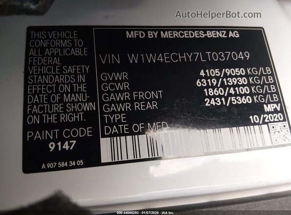 W1W4ECHY7LT037049 2020 MERCEDES-BENZ SPRINTER White Vista del compartimento del motor