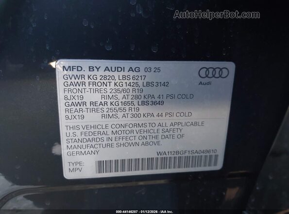 WA112BGF1SA049610 2025 AUDI Q6 E-TRON Gray Widok komory silnika