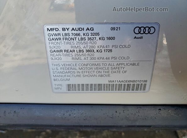 WA11AAGE6NB010188 2022 AUDI E-TRON Cream VIN კოდის სტიკერის ხედი