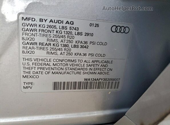 WA124AFY3S2058007 2025 AUDI SQ5 Silver VIN կոդի պիտակի տեսք