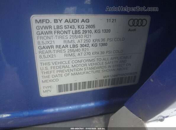 WA124AFY4N2039325 2022 AUDI SQ5 Blue Widok komory silnika