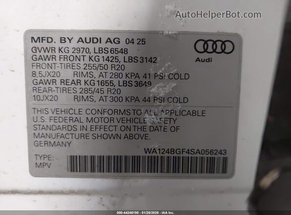 WA124BGF4SA056243 2025 AUDI Q6 E-TRON White Շարժիչի բաժամունքի տեսք