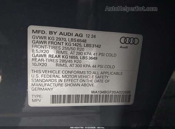 WA134BGF3SA022685 2025 AUDI Q6 E-TRON Gray Engine compartment view