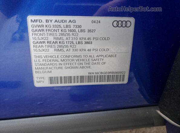 WA16CBGE0RB060922 2024 AUDI SQ8 Blue Widok naklejki z numerem VIN