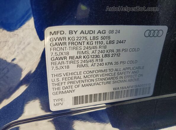WA18AAF41SA002315 2025 AUDI OTHER Blue Вид наклейки з VIN-кодом
