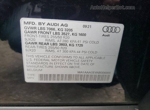 WA1AAAGE4NB006866 2022 AUDI E-TRON Черный Панорамный вид салона 360°