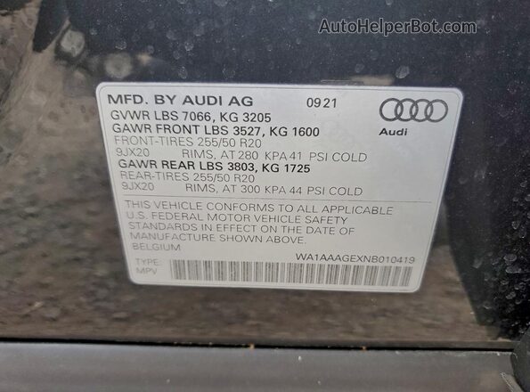 WA1AAAGEXNB010419 2022 AUDI E-TRON Серый Вид наклейки с VIN-кодом