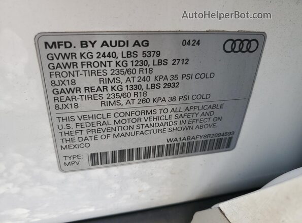 WA1ABAFY8R2094593 2024 AUDI Q5 White VIN კოდის სტიკერის ხედი