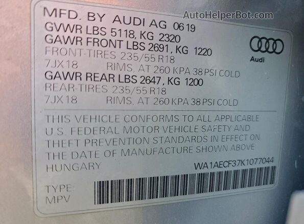 WA1AECF37K1077044 2019 AUDI Q3 Silver VIN sticker view