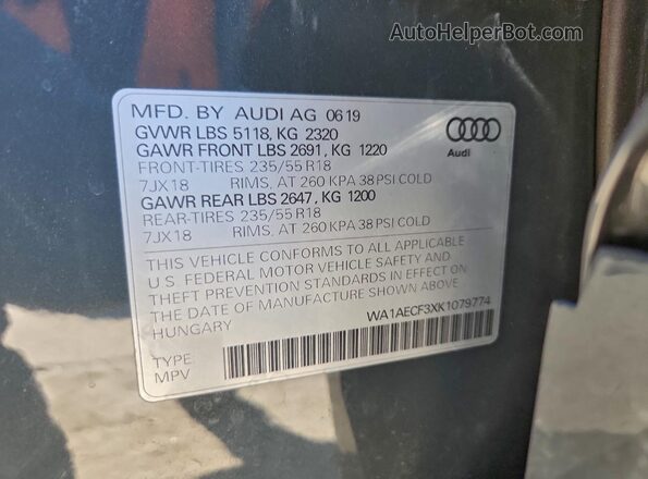 WA1AECF3XK1079774 2019 AUDI Q3 Gray Widok naklejki z numerem VIN