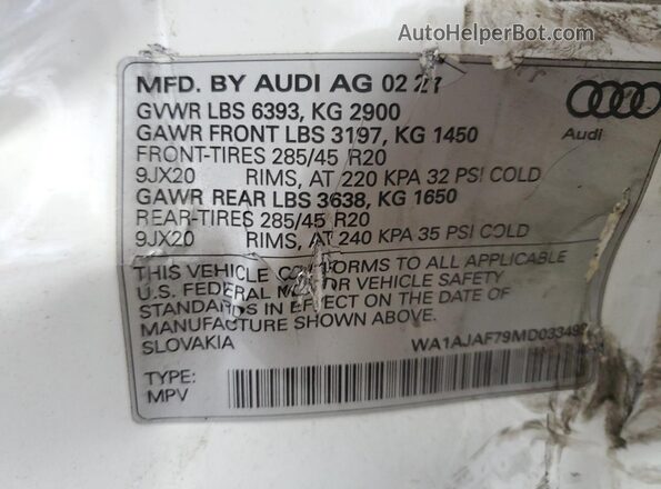 WA1AJAF79MD033499 2021 AUDI Q7 White Вид підкапотного простору