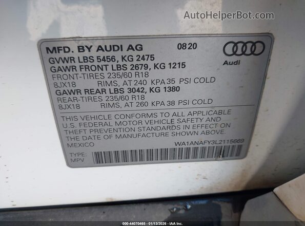 WA1ANAFY3L2115669 2020 AUDI Q5 White Widok komory silnika